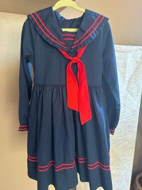 3-4T Girls Navy Sailor Dress with Red Tie